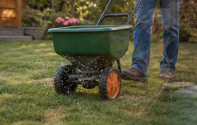 Person verteilt Rasensamen mit einem Streuwagen auf einer lückigen Fläche; Thema Ecovacs Goat, Schwerpunkt Reparatur; Umsetzung.