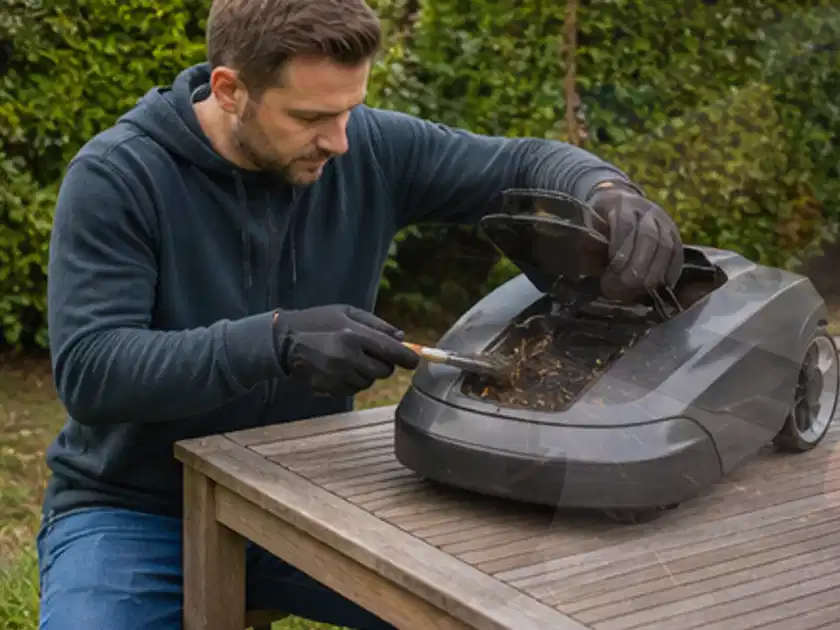 Person wartet einen geöffneten Mähroboter auf einem stabilen Gartentisch; Thema Ecovacs Goat, Schwerpunkt Sicherheit; Titelbild.