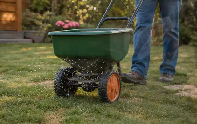 Person verteilt Rasensamen mit einem Streuwagen auf einer lückigen Fläche; Thema Ecovacs Goat, Schwerpunkt Sicherheit; Ausgangslage.