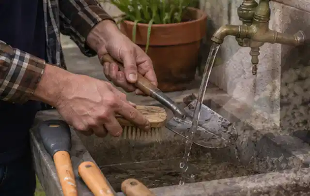 Hände reinigen gebrauchte Gartengeräte mit Bürste und Wasser am Außenbecken; Thema Ecovacs Goat, Schwerpunkt Systemvergleich; Umsetzung.