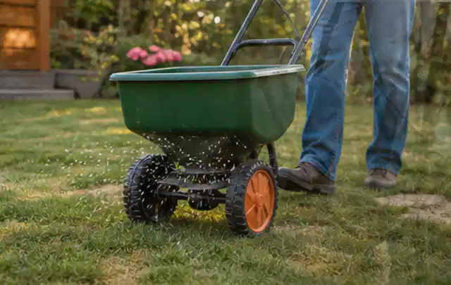 Person verteilt Rasensamen mit einem Streuwagen auf einer lückigen Fläche; Thema Ecovacs Goat, Schwerpunkt Systemvergleich; Kontrolle.