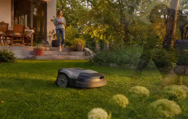Mähroboter fährt am Abend über einen Rasen im Familiengarten; Thema Ecovacs Goat, Schwerpunkt Systemvergleich; Praxisalltag.