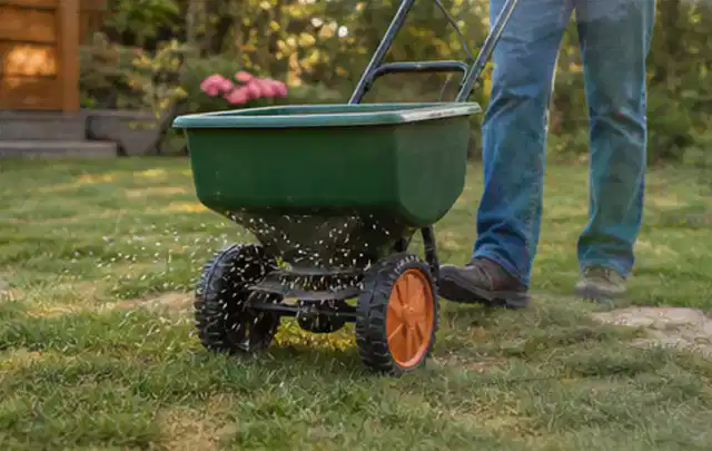 Person verteilt Rasensamen mit einem Streuwagen auf einer lückigen Fläche; Thema Ecovacs Goat, Schwerpunkt Testkriterien; Ausgangslage.