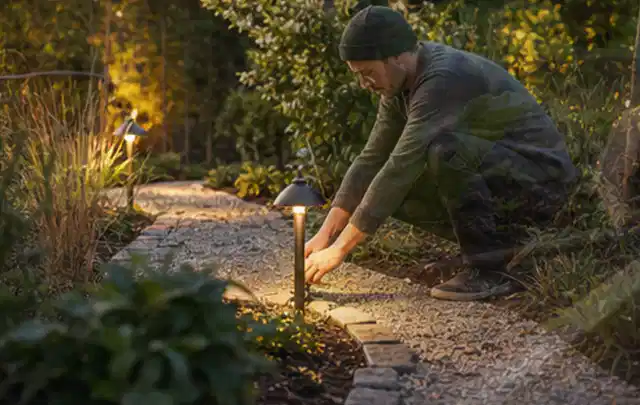 Person richtet eine niedrige warm leuchtende Gartenlampe am Kiesweg aus; Thema Ecovacs Goat, Schwerpunkt Testkriterien; Kontrolle.