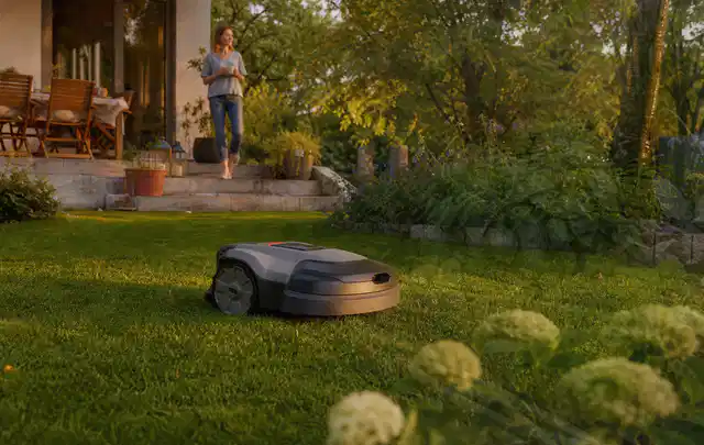Mähroboter fährt am Abend über einen Rasen im Familiengarten; Thema Ecovacs Goat, Schwerpunkt Testkriterien; Praxisalltag.