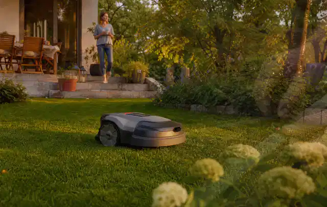 Mähroboter fährt am Abend über einen Rasen im Familiengarten; Thema Ecovacs Goat, Schwerpunkt Vergleich; Kontrolle.