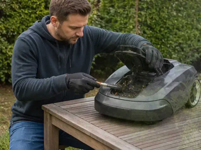 Person wartet einen geöffneten Mähroboter auf einem stabilen Gartentisch; Thema Ecovacs Goat, Schwerpunkt Wartung; Titelbild.