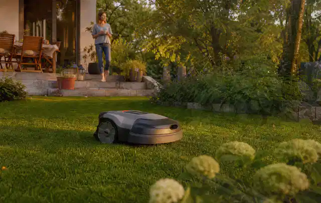 Mähroboter fährt am Abend über einen Rasen im Familiengarten; Thema Ecovacs Goat, Schwerpunkt Wartung; Ausgangslage.