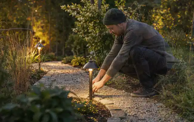 Person richtet eine niedrige warm leuchtende Gartenlampe am Kiesweg aus; Thema Ecovacs Goat, Schwerpunkt Wartung; Ergebnis.