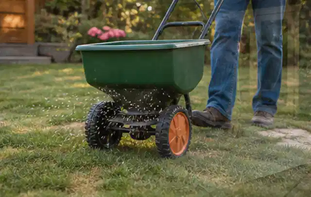 Person verteilt Rasensamen mit einem Streuwagen auf einer lückigen Fläche; Thema Ecovacs Goat, Schwerpunkt Wartung; Praxisalltag.