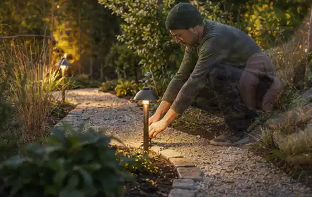 Person richtet eine niedrige warm leuchtende Gartenlampe am Kiesweg aus; Thema Ecovacs Goat, Schwerpunkt Winterlager; Kontrolle.