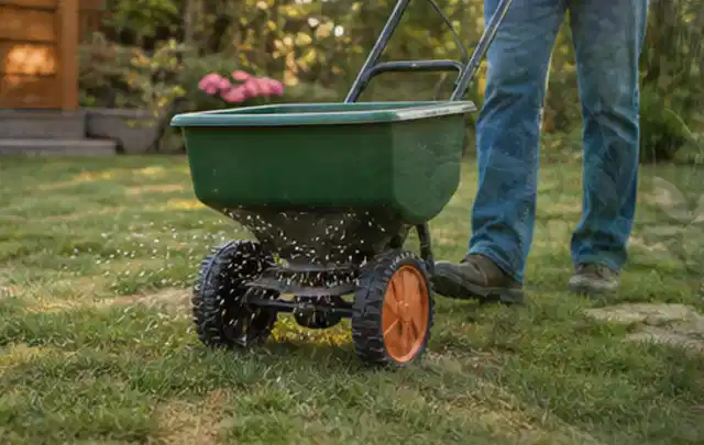 Person verteilt Rasensamen mit einem Streuwagen auf einer lückigen Fläche; Thema Ecovacs Goat, Schwerpunkt Winterlager; Ergebnis.