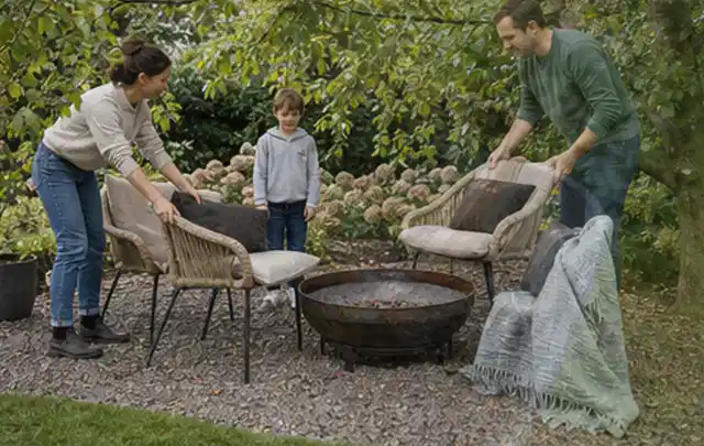 Familie stellt wetterfeste Sessel an einem geschützten Sitzplatz im Garten auf; Thema Einbaupools, Schwerpunkt Anwendung; Kontrolle.