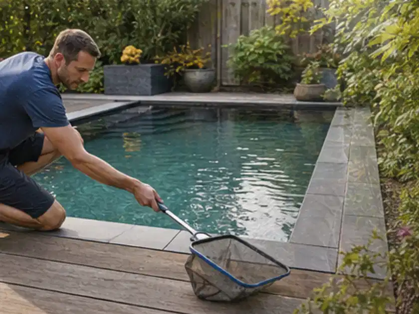 Person entfernt Blätter mit einem Kescher aus einem kleinen Gartenpool; Thema Einbaupools, Schwerpunkt Bestenliste; Titelbild.