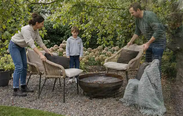 Familie stellt wetterfeste Sessel an einem geschützten Sitzplatz im Garten auf; Thema Einbaupools, Schwerpunkt Bestenliste; Ausgangslage.