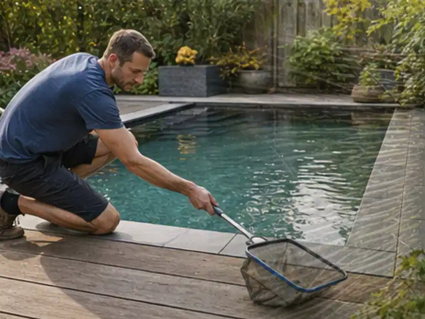 Person entfernt Blätter mit einem Kescher aus einem kleinen Gartenpool; Thema Einbaupools, Schwerpunkt Checkliste; Titelbild.