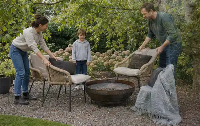 Familie stellt wetterfeste Sessel an einem geschützten Sitzplatz im Garten auf; Thema Einbaupools, Schwerpunkt Checkliste; Ausgangslage.