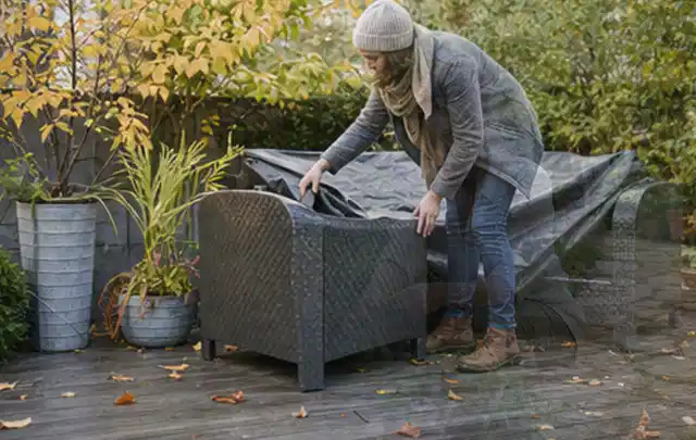 Person deckt Gartenmöbel vor der kalten Jahreszeit sorgfältig ab; Thema Einbaupools, Schwerpunkt Checkliste; Praxisalltag.