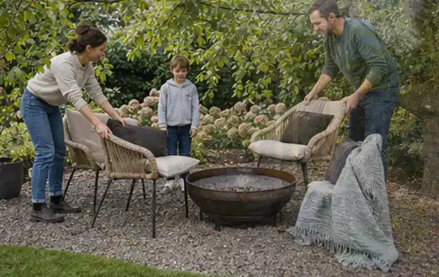 Familie stellt wetterfeste Sessel an einem geschützten Sitzplatz im Garten auf; Thema Einbaupools, Schwerpunkt Dimensionierung; Ergebnis.