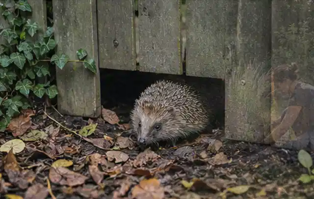 Igel nutzt einen bodennahen Durchgang unter einem hölzernen Gartenzaun; Thema Einbaupools, Schwerpunkt Dimensionierung; Praxisalltag.