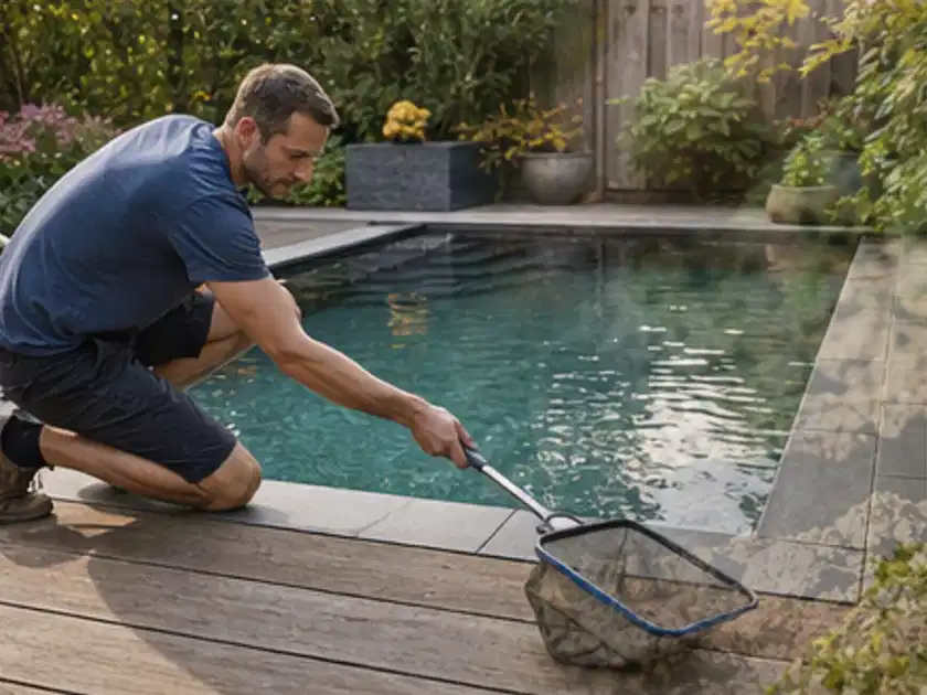 Person entfernt Blätter mit einem Kescher aus einem kleinen Gartenpool; Thema Einbaupools, Schwerpunkt Fehlerhilfe; Titelbild.