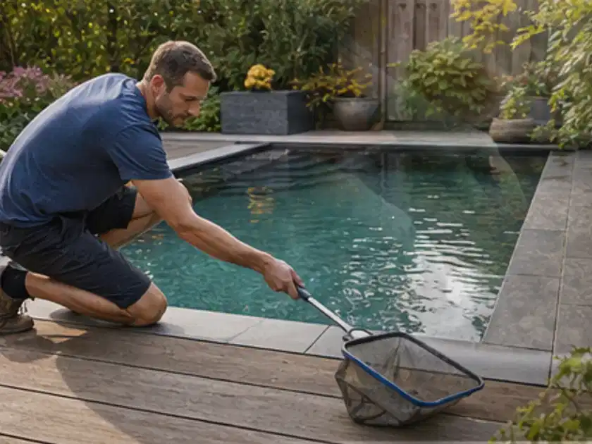 Person entfernt Blätter mit einem Kescher aus einem kleinen Gartenpool; Thema Einbaupools, Schwerpunkt Gärten mit großer Fläche; Titelbild.