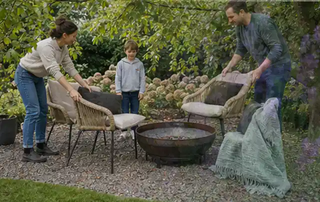 Familie stellt wetterfeste Sessel an einem geschützten Sitzplatz im Garten auf; Thema Einbaupools, Schwerpunkt Gärten mit großer Fläche; Ergebnis.