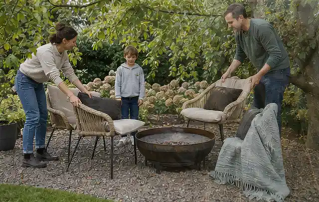 Familie stellt wetterfeste Sessel an einem geschützten Sitzplatz im Garten auf; Thema Einbaupools, Schwerpunkt Gärten mit kleiner Fläche; Kontrolle.
