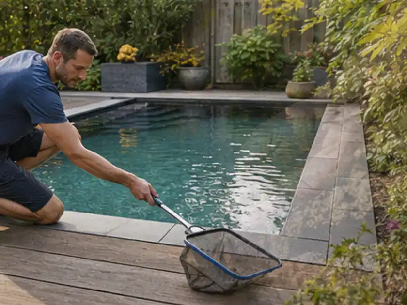 Person entfernt Blätter mit einem Kescher aus einem kleinen Gartenpool; Thema Einbaupools, Schwerpunkt Kaufberatung; Titelbild.