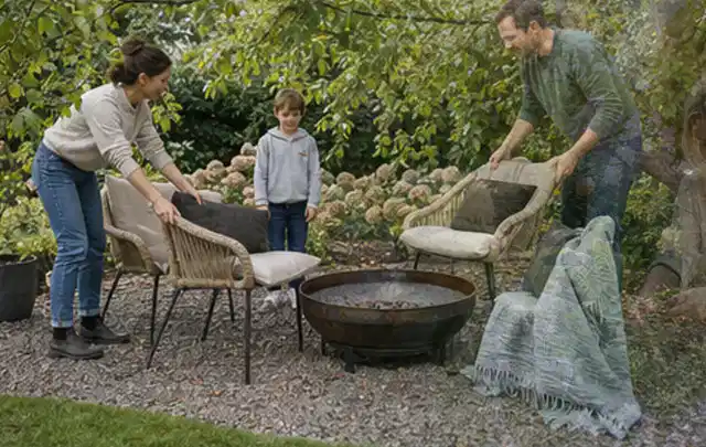 Familie stellt wetterfeste Sessel an einem geschützten Sitzplatz im Garten auf; Thema Einbaupools, Schwerpunkt Kaufberatung; Praxisalltag.