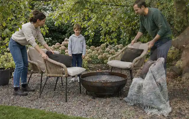 Familie stellt wetterfeste Sessel an einem geschützten Sitzplatz im Garten auf; Thema Einbaupools, Schwerpunkt Leistung; Kontrolle.