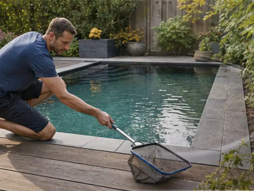 Person entfernt Blätter mit einem Kescher aus einem kleinen Gartenpool; Thema Einbaupools, Schwerpunkt Nachhaltigkeit; Titelbild.