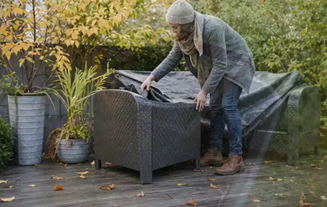 Person deckt Gartenmöbel vor der kalten Jahreszeit sorgfältig ab; Thema Einbaupools, Schwerpunkt Nachhaltigkeit; Umsetzung.