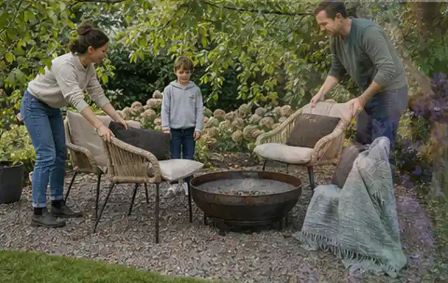 Familie stellt wetterfeste Sessel an einem geschützten Sitzplatz im Garten auf; Thema Einbaupools, Schwerpunkt Nachhaltigkeit; Ergebnis.