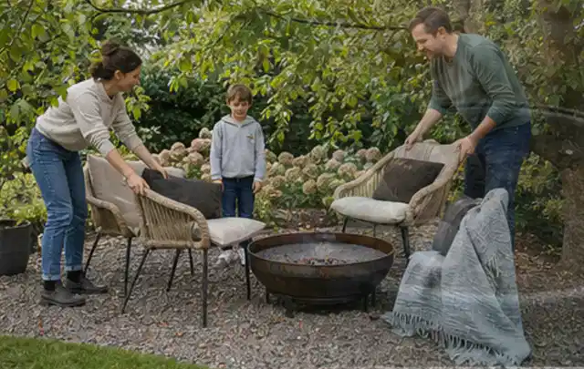 Familie stellt wetterfeste Sessel an einem geschützten Sitzplatz im Garten auf; Thema Einbaupools, Schwerpunkt Pools; Kontrolle.