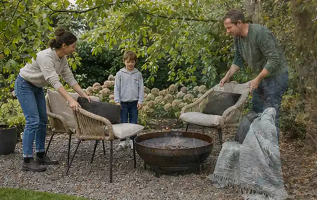 Familie stellt wetterfeste Sessel an einem geschützten Sitzplatz im Garten auf; Thema Einbaupools, Schwerpunkt Reinigung; Umsetzung.