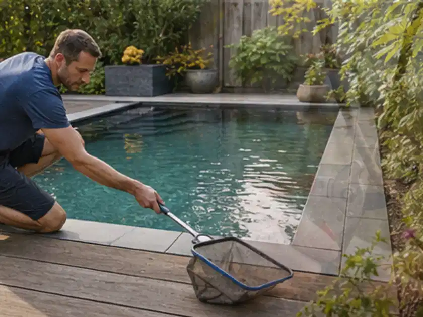 Person entfernt Blätter mit einem Kescher aus einem kleinen Gartenpool; Thema Einbaupools, Schwerpunkt Reparatur; Titelbild.