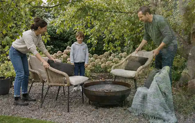 Familie stellt wetterfeste Sessel an einem geschützten Sitzplatz im Garten auf; Thema Einbaupools, Schwerpunkt Reparatur; Kontrolle.
