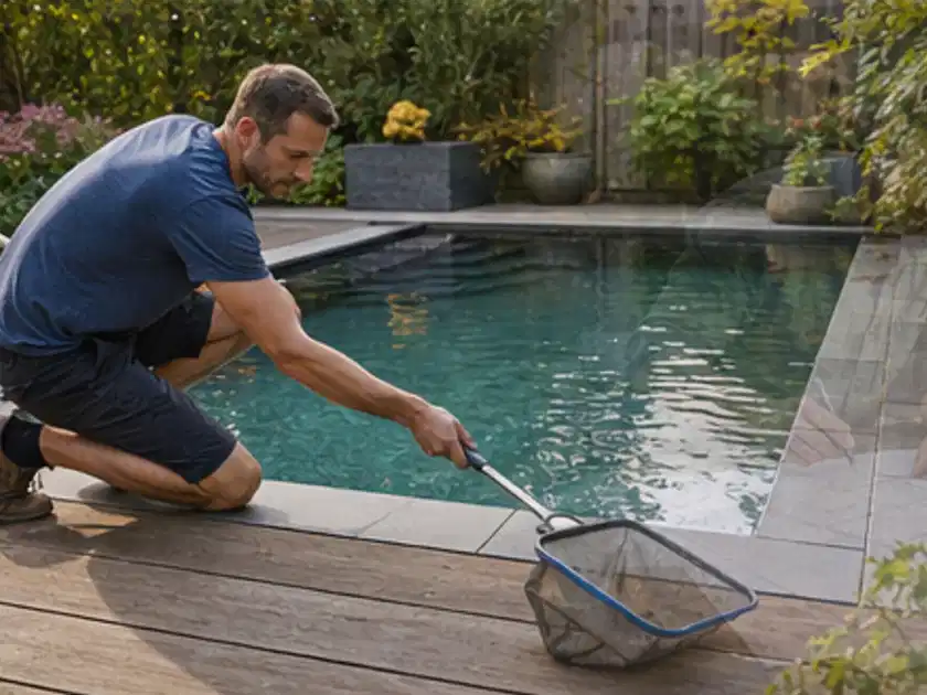 Person entfernt Blätter mit einem Kescher aus einem kleinen Gartenpool; Thema Einbaupools, Schwerpunkt Sicherheit; Titelbild.