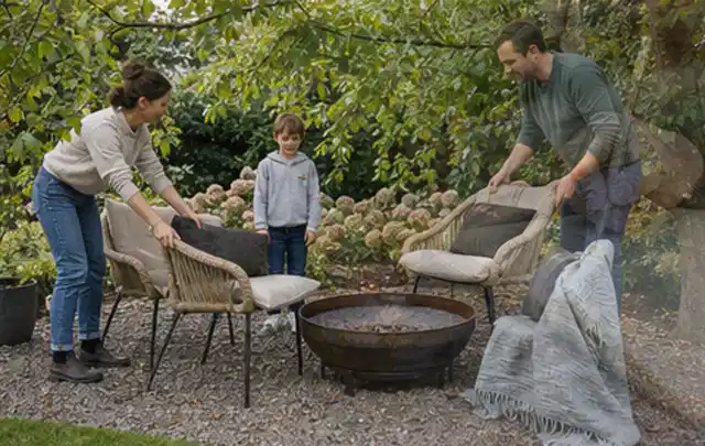Familie stellt wetterfeste Sessel an einem geschützten Sitzplatz im Garten auf; Thema Einbaupools, Schwerpunkt Sicherheit; Kontrolle.