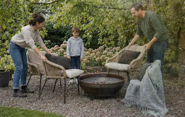 Familie stellt wetterfeste Sessel an einem geschützten Sitzplatz im Garten auf; Thema Einbaupools, Schwerpunkt Systemvergleich; Ergebnis.