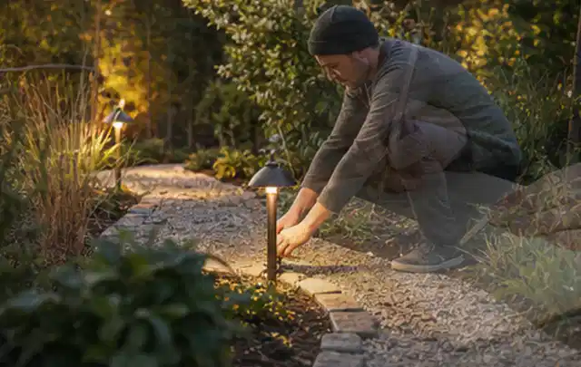 Person richtet eine niedrige warm leuchtende Gartenlampe am Kiesweg aus; Thema Einbaupools, Schwerpunkt Testkriterien; Ergebnis.