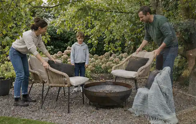 Familie stellt wetterfeste Sessel an einem geschützten Sitzplatz im Garten auf; Thema Einbaupools, Schwerpunkt Wartung; Ergebnis.