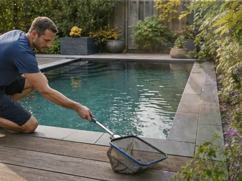 Person entfernt Blätter mit einem Kescher aus einem kleinen Gartenpool; Thema Einbaupools, Schwerpunkt Winterlager; Titelbild.