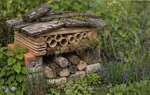 Naturnaher Unterschlupf aus Holz Rinde und Pflanzenstängeln im Garten; Thema Engerlinge, Schwerpunkt Bestimmung; Ausgangslage.