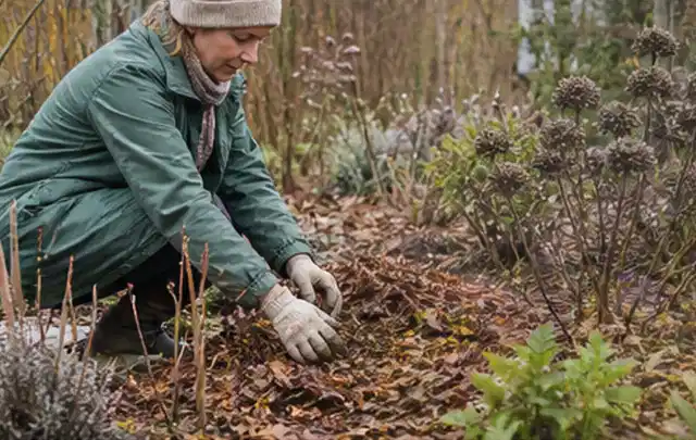 Person verteilt eine schützende Mulchschicht zwischen winterlichen Stauden; Thema Engerlinge, Schwerpunkt Bestimmung; Umsetzung.