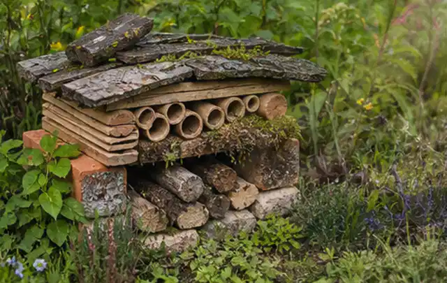 Naturnaher Unterschlupf aus Holz Rinde und Pflanzenstängeln im Garten; Thema Engerlinge, Schwerpunkt Biologie; Ausgangslage.