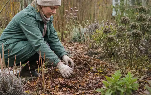 Person verteilt eine schützende Mulchschicht zwischen winterlichen Stauden; Thema Engerlinge, Schwerpunkt Fehlerhilfe; Kontrolle.