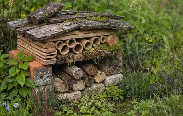 Naturnaher Unterschlupf aus Holz Rinde und Pflanzenstängeln im Garten; Thema Engerlinge, Schwerpunkt Natürliche Bekämpfung; Ergebnis.