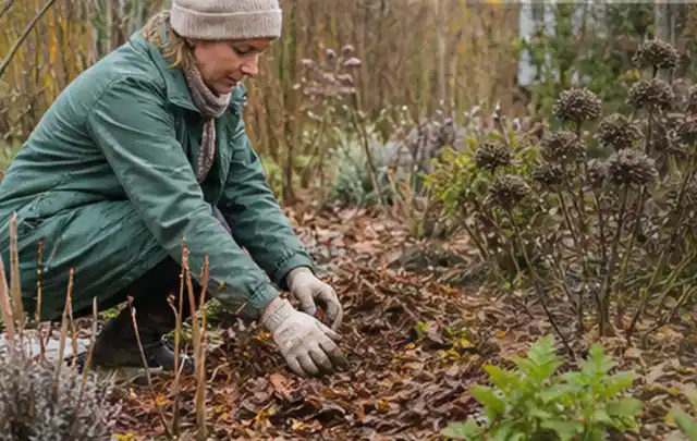 Person verteilt eine schützende Mulchschicht zwischen winterlichen Stauden; Thema Engerlinge, Schwerpunkt Natürliche Bekämpfung; Praxisalltag.